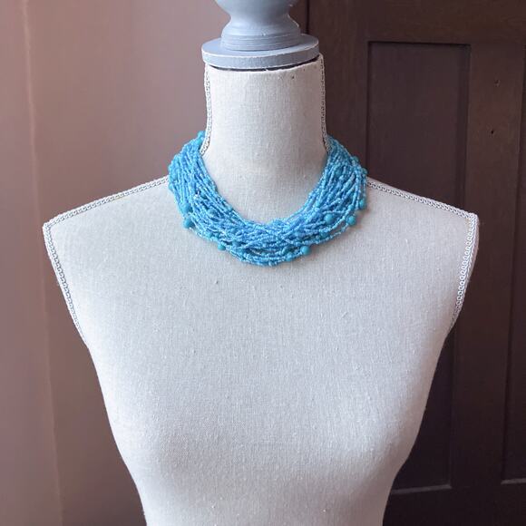 Vintage Multi Strand Blue Statement Glass Station Seed Bead Bib Collar Necklace - Picture 4 of 13
